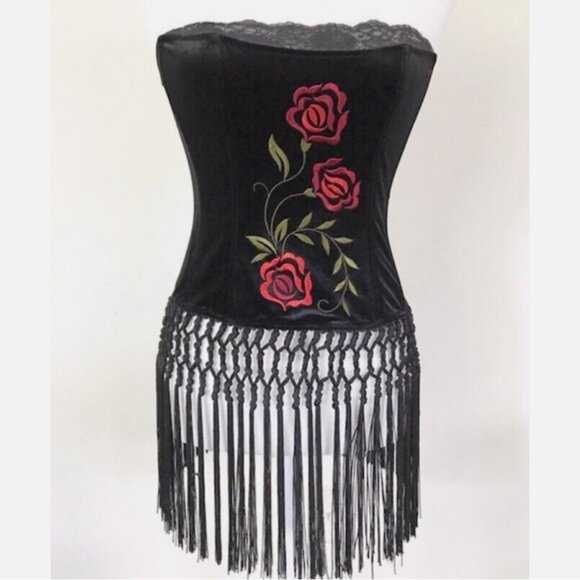 NWOT Victorias Secret Black Velvet Rose Fringe Corset - Picture 1 of 4